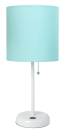 LimeLights Stick Lamp with USB charging port and Fabric Shade (Color: White Base/Aqua Shade)