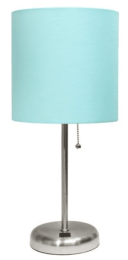 LimeLights Stick Lamp with USB charging port and Fabric Shade (Color: Brushed Steel Base/Aqua Shade)