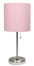 LimeLights Stick Lamp with USB charging port and Fabric Shade (Color: Brushed Steel Base/Light Pink Shade)