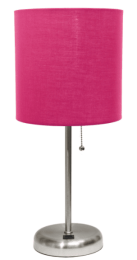 LimeLights Stick Lamp with USB charging port and Fabric Shade (Color: Brushed Steel Base/Pink Shade)