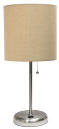 LimeLights Stick Lamp with USB charging port and Fabric Shade (Color: Brushed Steel Base/Tan Shade)