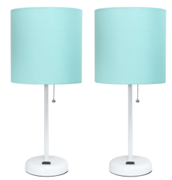 LimeLights Stick Lamp with Charging Outlet and Fabric Shade 2 Pack Set (Color: White Base/Aqua Shade)