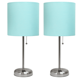 LimeLights Brushed Steel Stick Lamp with Charging Outlet and Fabric Shade (Set of 2) (Color: Brushed Steel Base/Aqua Shade)