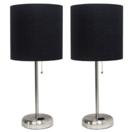 LimeLights Brushed Steel Stick Lamp with Charging Outlet and Fabric Shade (Set of 2) (Color: Brushed Steel Base/Black Shade)