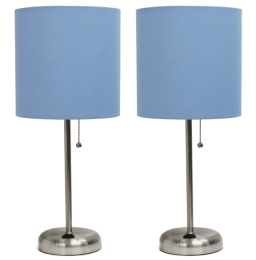 LimeLights Brushed Steel Stick Lamp with Charging Outlet and Fabric Shade (Set of 2) (Color: Brushed Steel Base/Blue Shade)