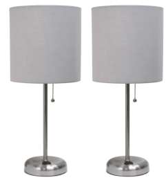 LimeLights Brushed Steel Stick Lamp with Charging Outlet and Fabric Shade (Set of 2) (Color: Brushed Steel Base/Gray Shade)