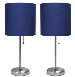 LimeLights Brushed Steel Stick Lamp with Charging Outlet and Fabric Shade (Set of 2) (Color: Brushed Steel Base/Navy Shade)