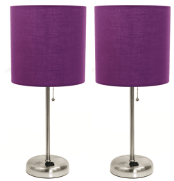 LimeLights Brushed Steel Stick Lamp with Charging Outlet and Fabric Shade (Set of 2) (Color: Brushed Steel Base/Purple Shade)