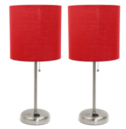 LimeLights Brushed Steel Stick Lamp with Charging Outlet and Fabric Shade (Set of 2) (Color: Brushed Steel Base/Red Shade)