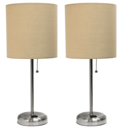 LimeLights Brushed Steel Stick Lamp with Charging Outlet and Fabric Shade (Set of 2) (Color: Brushed Steel Base/Tan Shade)