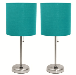 LimeLights Brushed Steel Stick Lamp with Charging Outlet and Fabric Shade (Set of 2) (Color: Brushed Steel Base/Teal Shade)