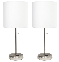 LimeLights Brushed Steel Stick Lamp with Charging Outlet and Fabric Shade (Set of 2) (Color: Brushed Steel Base/White Shade)