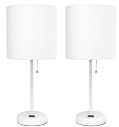 LimeLights Stick Lamp with Charging Outlet and Fabric Shade 2 Pack Set (Color: White Base/White Shade)
