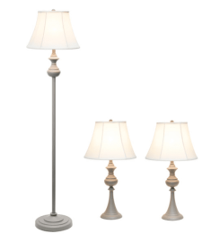 Elegant Designs Traditionally Crafted 3 Pack Lamp Set (2 Table Lamps, 1 Floor Lamp) (Color: Gray/White Shades)
