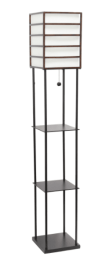 Lalia Home 1 Light Metal Etagere Floor Lamp with Storage Shelves and Linen Shade (Color: Painted Black Metal/ Black Shelves  Brown Wood)